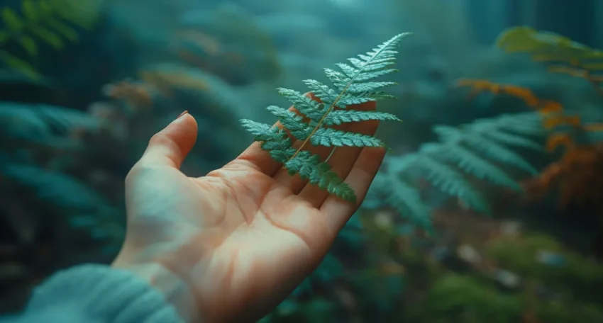 Mano sosteniendo una hoja de helecho verde en un entorno natural, con fondo de vegetación difusa y luz suave.
